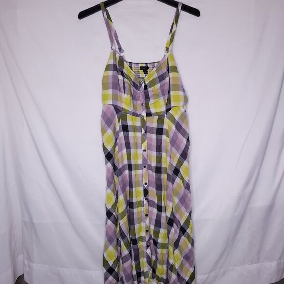 Torrid Midi Dress 0X Plaid Purple, Green Challis Button Front - Picture 1 of 9